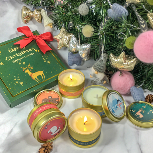 Own brand customized England Christmas soy wax scented travel candles tins gift set with private label